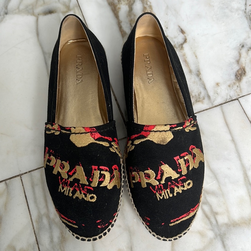 Prada espadrilles with logo hand-stitched, Prada logo flats shoes women 9 1/2